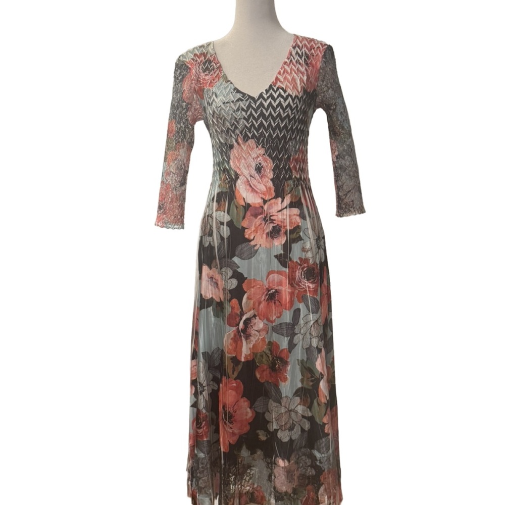 NWOT KOMAROV Charmeuse V-Neck 3/4 Lace Sleeves Floral Cocktail Fit&Flare MIDI
